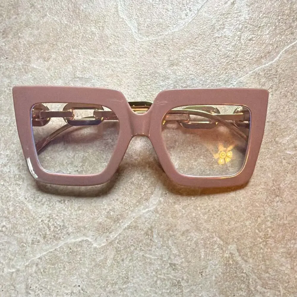 Unbranded Fashion Oversized Square Pink Glasses With Gold Chain Links